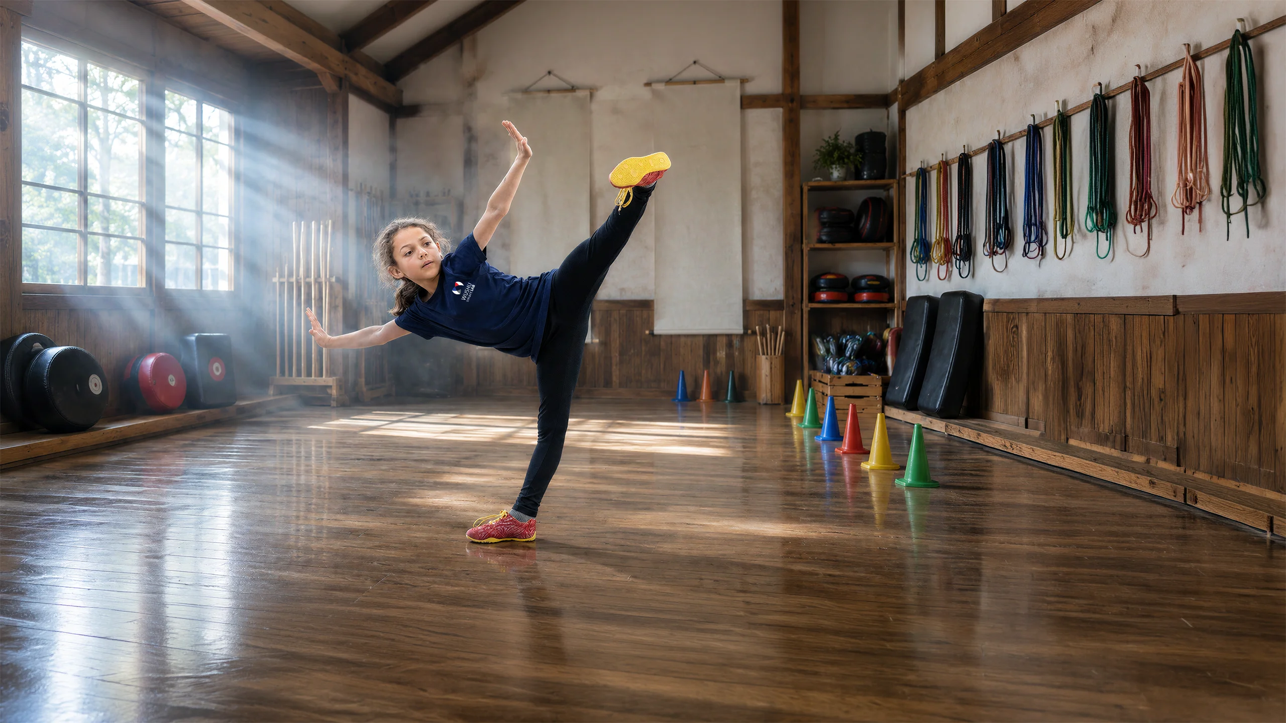 Kung Fu Cadets — élève de 9-10 ans en pratique dans la salle d'entraînement traditionnelle