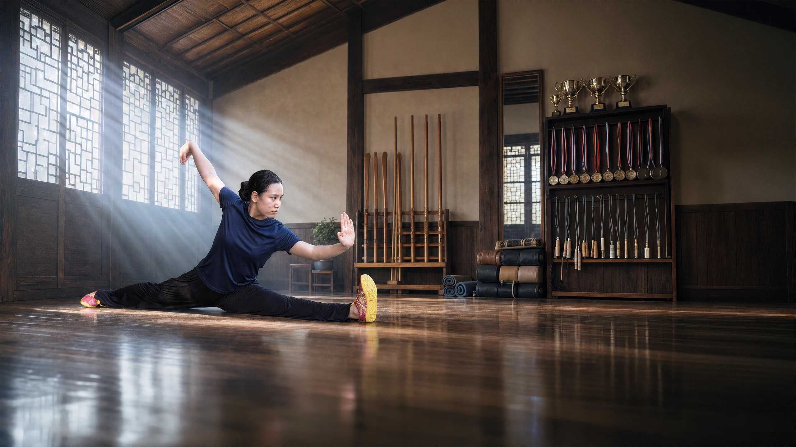 Une jeune pratiquante en grand écart latéral, paume tendue vers l'avant, dans une salle d'entraînement baignée de lumière, trophées et médailles au mur