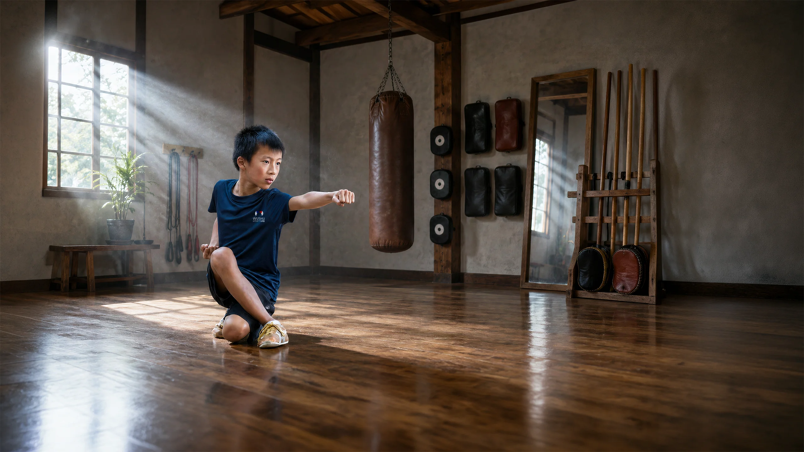 Kung Fu Juniors — élève de 11-15 ans en pratique dans la salle d'entraînement traditionnelle