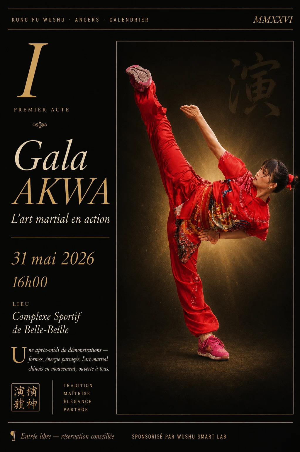 Affiche Gala AKWA — démonstration d'arts martiaux chinois — école Kung Fu Wushu Angers — 31 mai 2026