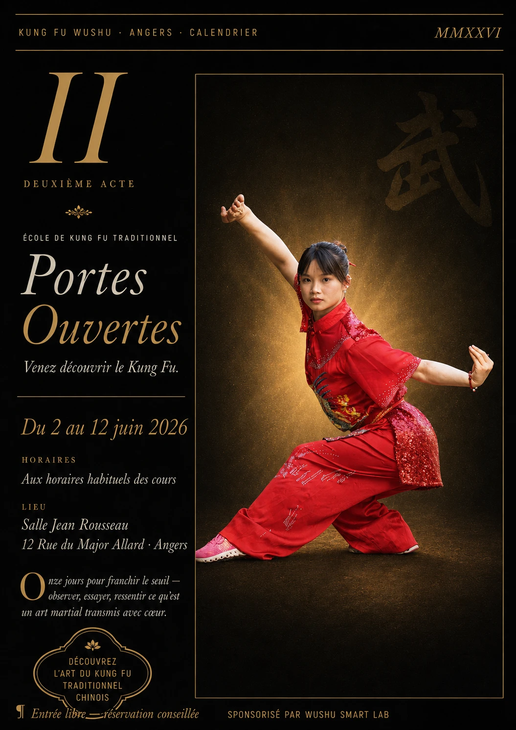 Affiche Portes Ouvertes — découvrir le Kung Fu traditionnel chinois — école d'arts martiaux Angers — du 2 au 12 juin 2026