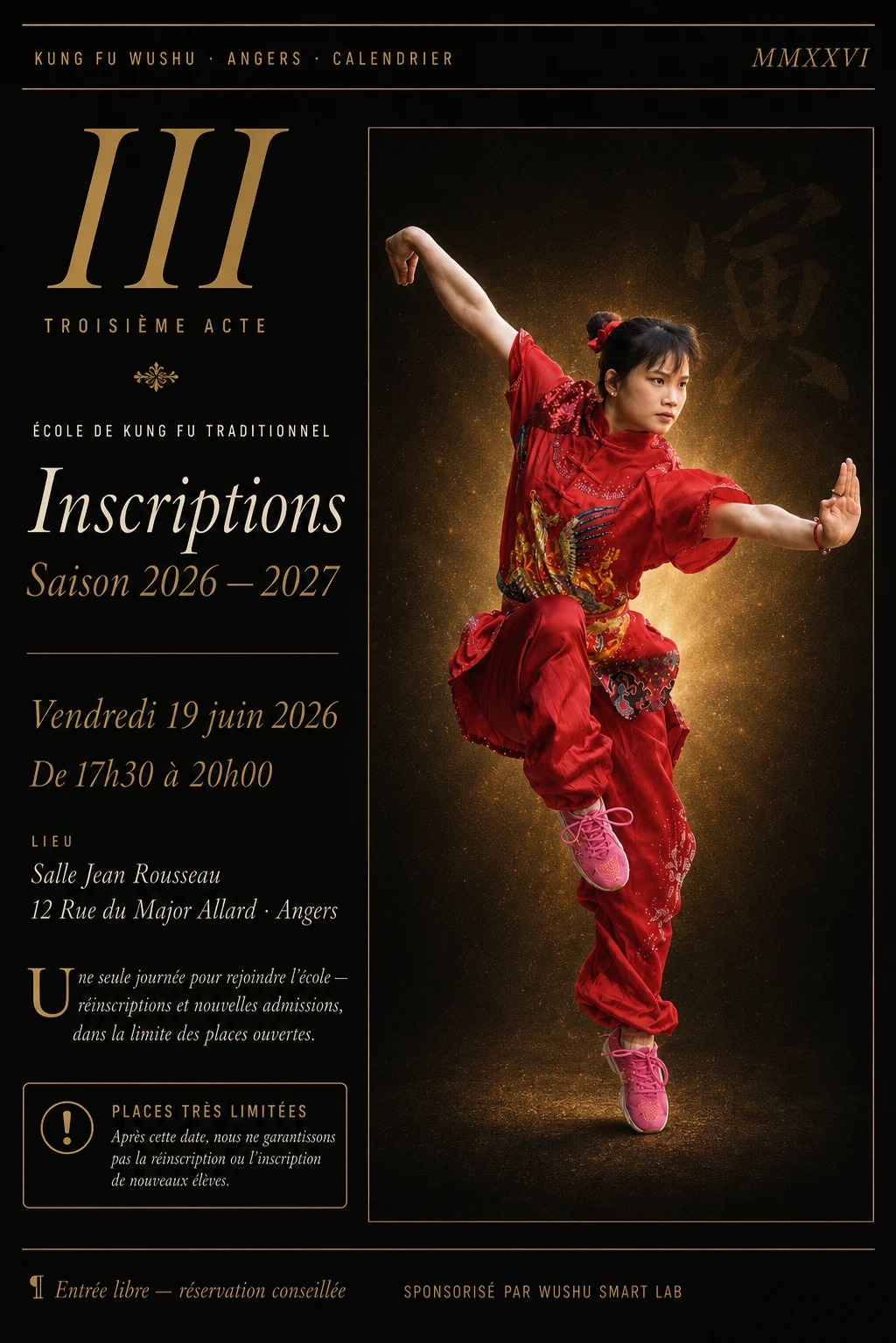 Affiche Inscriptions Saison 2026-2027 — école Kung Fu Wushu Angers — réinscriptions et nouvelles admissions — 19 juin 2026