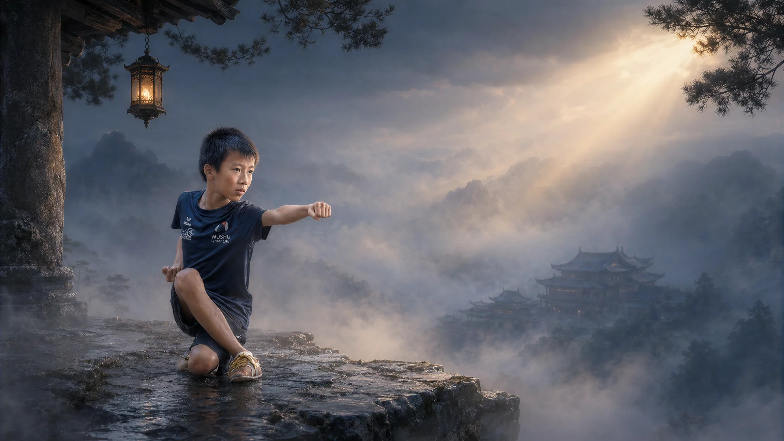 Jeune pratiquant en tenue Wushu Smart Lab, poing tendu sur un rocher au-dessus d'une vallée de temples dans la brume