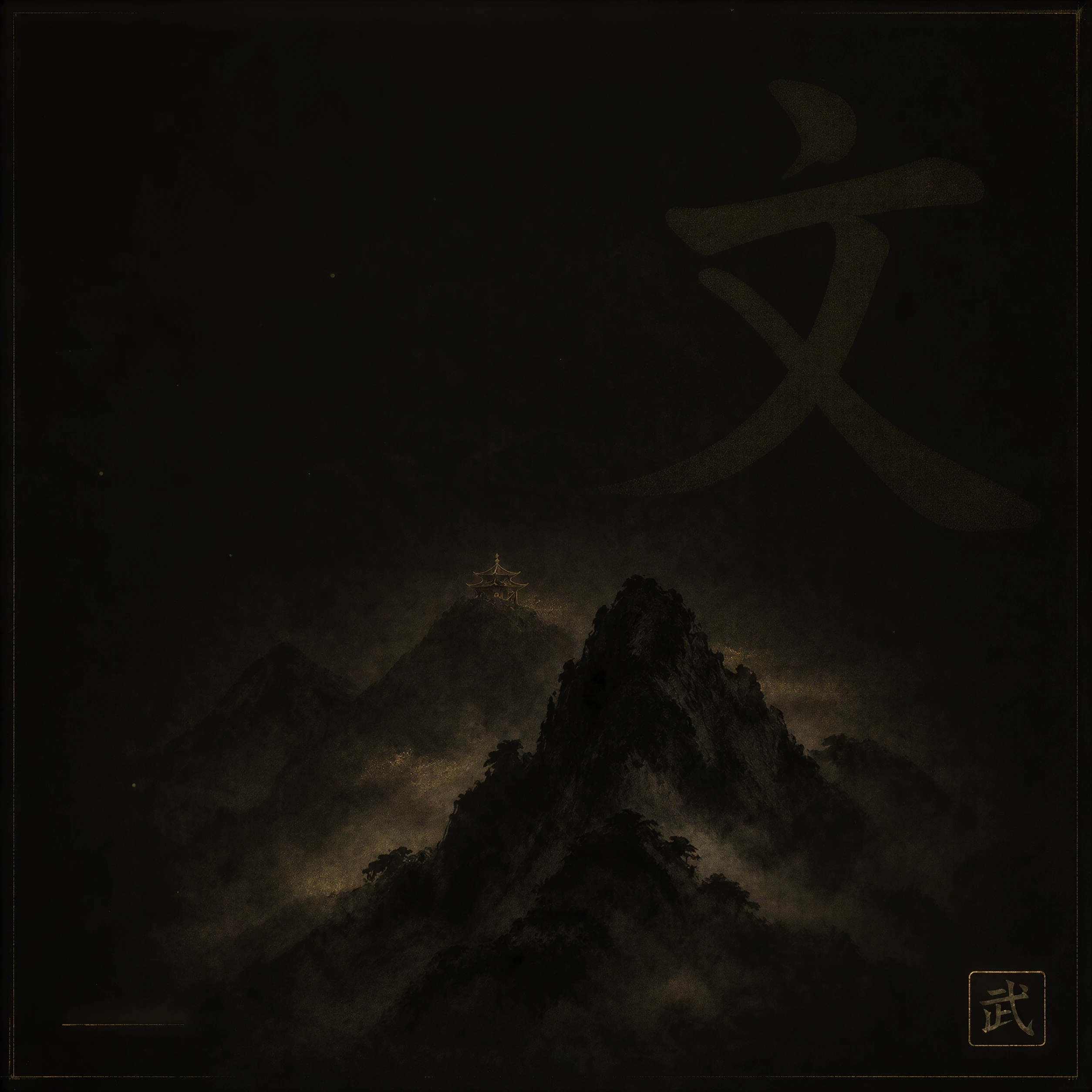 Culture chinoise — paysage de montagnes shan-shui et idéogramme 文, cinquième pilier de l'école Kung Fu Wushu Angers