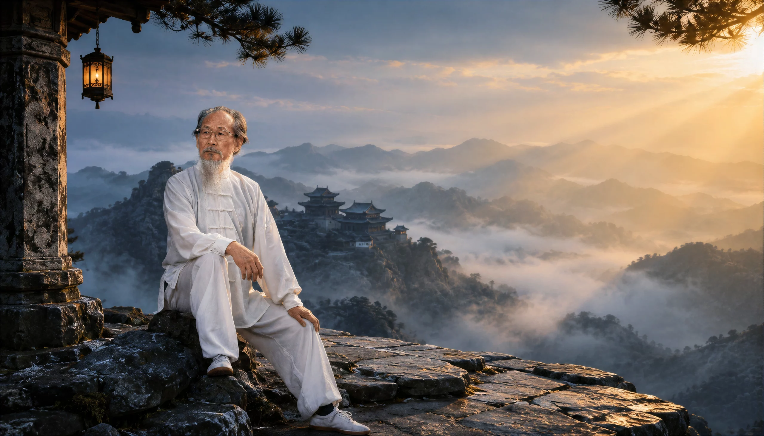 Maître à Yun Tai Shan, école partenaire du Wushu Smart Lab Angers, au lever du soleil sur les montagnes brumeuses de Chine
