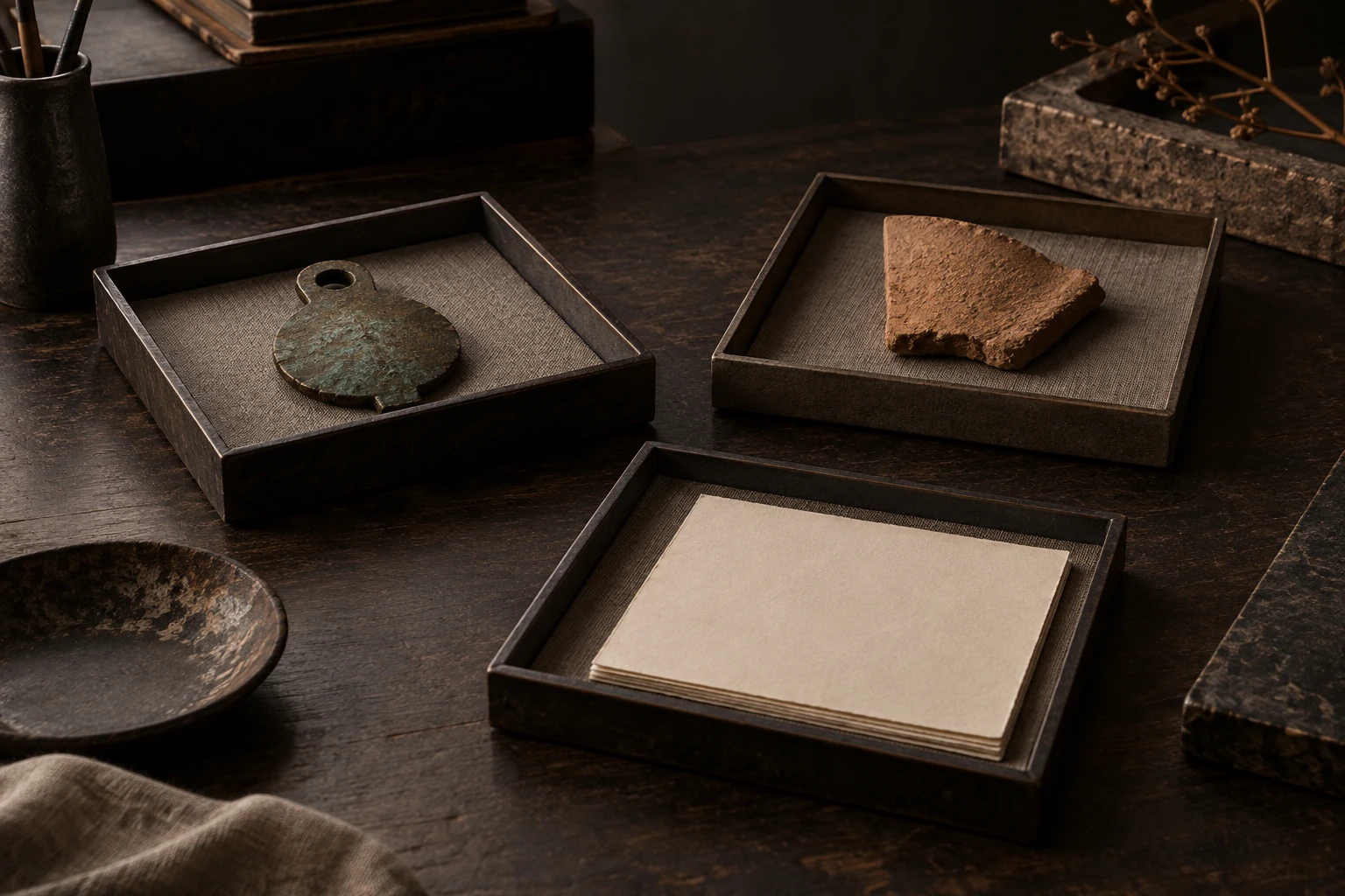 Replacer la découverte — composition éditoriale en matières et objets.