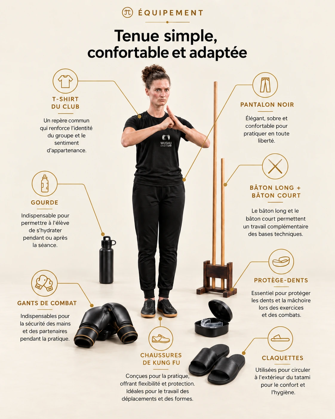 Équipement complet : t-shirt du club, pantalon noir, gourde, gants de combat, protège-dents, chaussures de kung-fu, claquettes, bâton long et bâton court