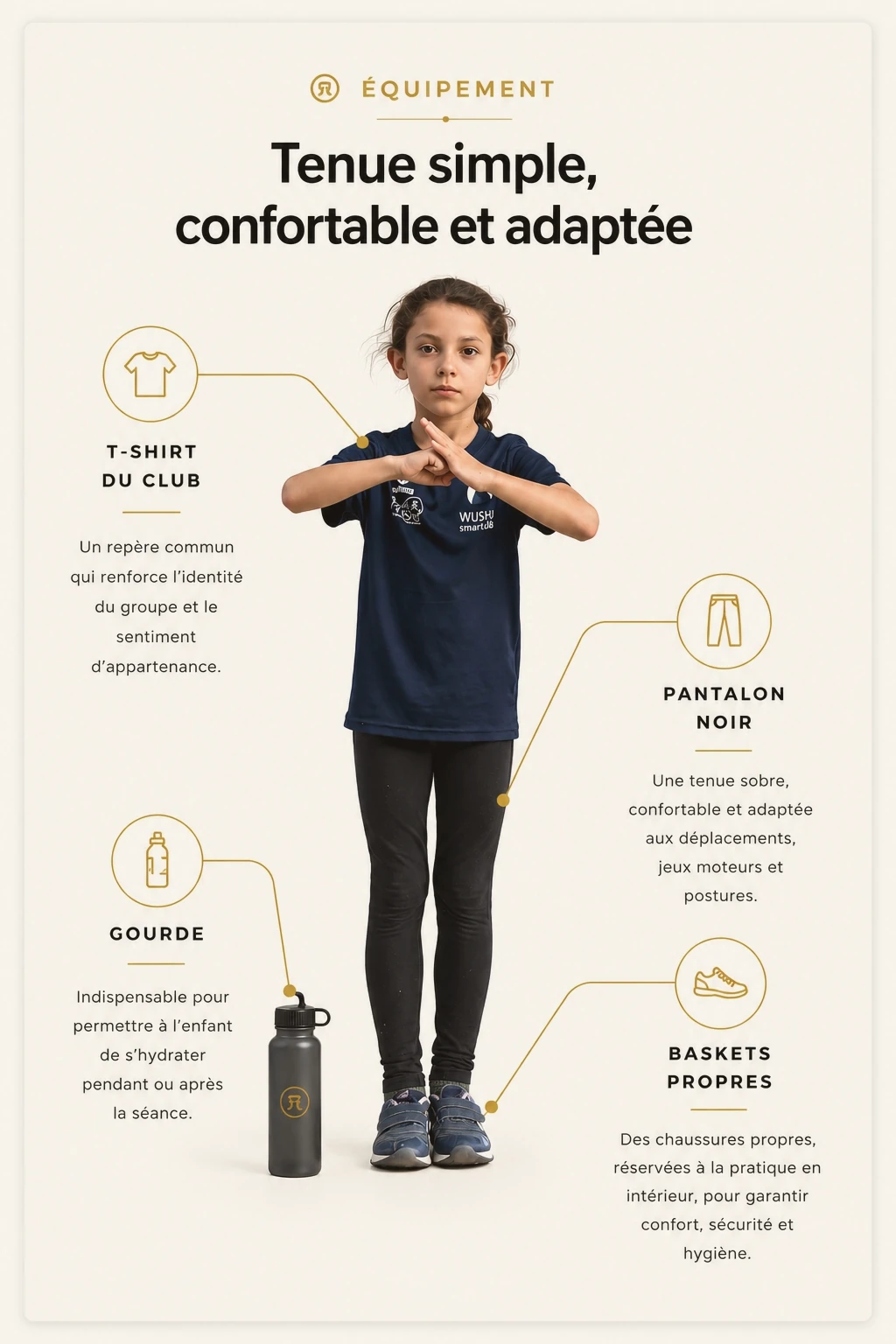 Tenue pour le cours de Kung Fu enfants : t-shirt du club, pantalon noir, gourde et baskets propres